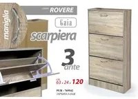 Scarpiera rovere tre ribalte con due divisori cm 63 x 24 x 120 h