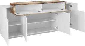 Credenza Moderna CORO con 4 Ante Battente e 1 Anta Ribalta in Bianco Lucido - Acero Pereira