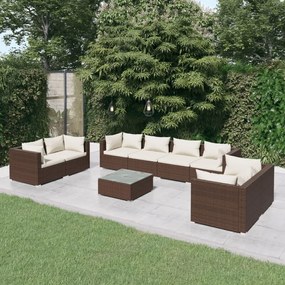 Set divani da giardino 9 pz con cuscini in polyrattan marrone