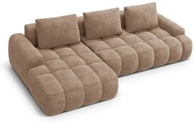 Divano angolare marrone chiaro allungabile/con contenitore (con penisola a sinistra/con chaise lounge) con rivestimento in velluto Linz – Cosmopolitan Design