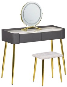 Tavolino da toeletta con 2 cassetti specchio LED grigio e oro SURIN Beliani