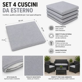 Cuscini Esterno e Giardino 55x45 cm Sfoderabili Grigio Set 4