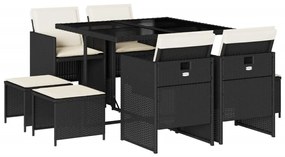 Set da pranzo da giardino 9 pz con cuscini nero in polyrattan