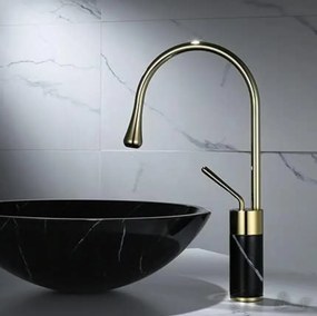 Miscelatore per lavabo EYN BF0954 da piano in ottone con bocca girevole, in più finiture tra cui oro spazzolato — Oro spazzolato - marmo nero — 41 cm