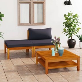 Set divani giardino 3 pz con cuscini grigio scuro legno acacia