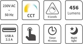 Lampada da tavolo LED dimmerabile USB 9W 230V 3000K/4000K/5500K bianco