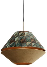 Lampada a sospensione moderna bronzo con doppio paralume in velluto con motivo a foglie e beige - Combi 1