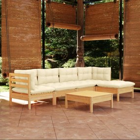 Set divani da giardino 6 pz con cuscini crema massello di pino