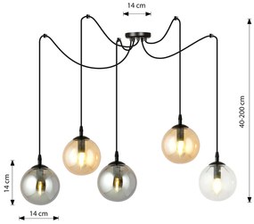 Lampadario 5 Luci Ginevra In Acciaio Nero Con Cavo Lungo E Vetri Multicolor