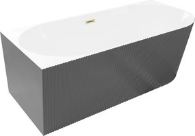 Mexen Silo vasca da bagno freestanding angolare sinistra rigata 150 x 75 cm, bianca/grigia, troppopieno dorato spazzolato