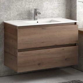 Composizione bagno sospesa 100cm: mobile con lavabo, specchio contenitore e colonna  TOD-100F - KAMALU