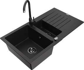 Mexen Matias lavello in granito 1,5 vasca con scolapiatti e rubinetto da cucina Telma, nero - 6502-77-670200-70-B