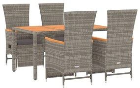 Set da pranzo da giardino 5 pz con cuscini in polyrattan grigio