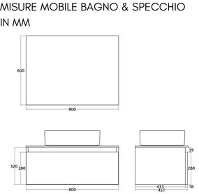 Mobile Bagno Sospeso con Lavabo da Appoggio e Specchio 1 Cassetto Salvaspazio in Legno  80 cm - Rovere di Bordeaux