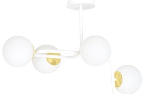 Lampadario 4 Luci Kalf Acciaio Bianco A Bracci Curvi E Sfere Vetro Opalino E Oro
