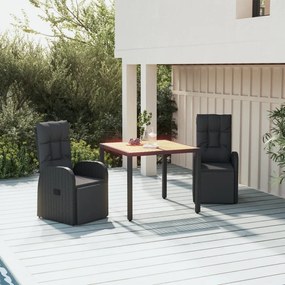 Set Pranzo Giardino 3pz Nero Polyrattan E Legno Massello Acacia /