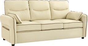 Divano 3 Posti 190x83x90 cm con Imbottitura Spessa Tasca Laterale e 2 Cuscini in Finta Pelle Beige...