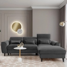 Divano angolare grigio scuro allungabile/con contenitore (con penisola a destra/con chaise lounge) e rivestimento in velluto Foble – ELTAP