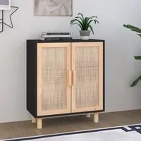 Credenza Nera 60x30x70 cm Legno Massello Pino e Rattan Naturale 345631