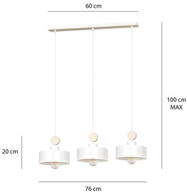 Lampadario 3 Luci Zhurong In Acciaio Bianco E Paralumi Con Legno Naturale