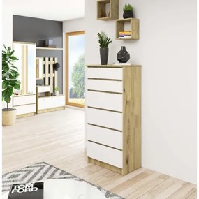 Cassettiera Moderna 60x40x130 Cm 6 Cassetti Bianco E Rovere Effetto Legno Artika