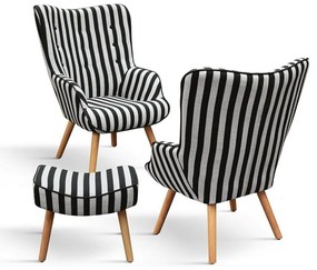 Poltrona HAVANA in tessuto a righe bianco e nero e gambe in legno, con poggiapiedi