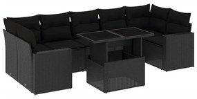 Set divani da giardino con cuscini 8 pz nero in polyrattan