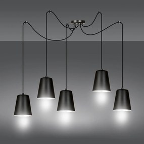 Lampadario 5 Luci Link In Acciaio Nero Cavo Lungo E Paralumi Cono Nero E Bianco