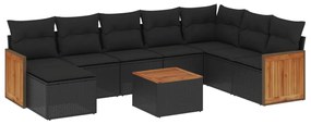 Set divani da giardino 9 pz con cuscini nero in polyrattan