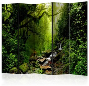 Paravento design Bosco delle fiabe II - paesaggio di foresta verde con cascata e rocce