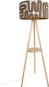 Lampada da terra a treppiede in legno con paralume a righe beige e marrone 50 cm - Lou