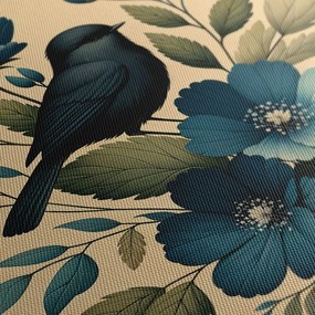 Quadro su tela – Uccellino su ramo con fiori blu