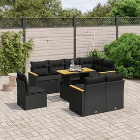 Set divani da giardino 9 pz con cuscini nero in polyrattan