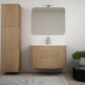 Mobile bagno sospeso Rovere tabacco 90 cm tondo con specchio filo lucido e colonna da 170 cm