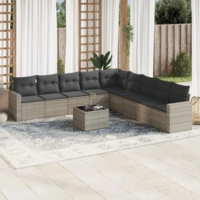 Set divano giardino 10 pz con cuscini grigio chiaro polyrattan