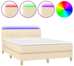 Letto a molle con materasso e led crema 140x200 cm in tessuto