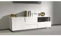 Mobile porta TV Dcoulibal, Credenza bassa da soggiorno con 2 ante e 1 cassetto, Base porta TV, 150x44h46 cm, Bianco lucido