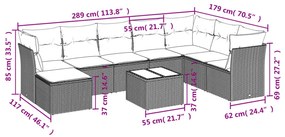 Set divano da giardino 9 pz con cuscini grigio in polyrattan