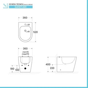 Sanitari Filomuro in ceramica bianco design tondo con copriwc e scarico rimless Ukra
