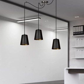 Lampadario 3 Luci Link In Acciaio Nero Cavo Lungo E Paralumi Cono Nero E Oro