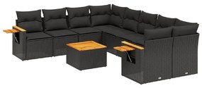 Set divani da giardino 9 pz con cuscini nero in polyrattan