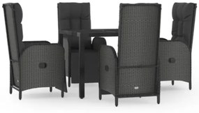 Set da Pranzo da Giardino 5 pz Nero con Cuscini in Polyrattan