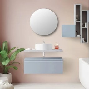 Mobile Bagno Sospeso 80 Cm Con Cassettone Blu Pastello Mensola Beton Lavabo E Specchio Aurora