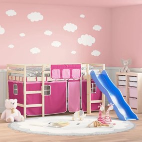 Letto A Soppalco Con Tende Bambini Rosa 80x200 Cm Massello Pino /