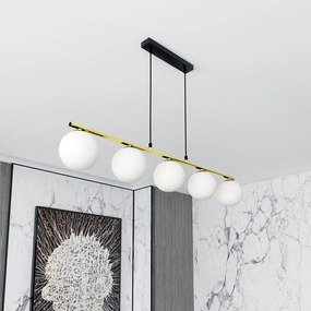 Sospensione Contemporanea 5 Luci Alora In Acciaio Oro Nero E Sfere Vetro Bianco
