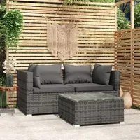 Set Divani da Giardino 3 pz con Cuscini in Polyrattan Grigio 317510