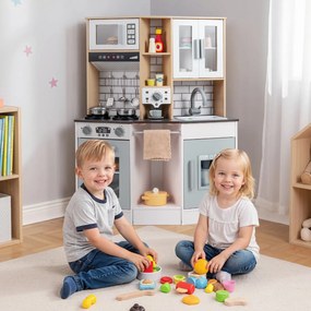 Costway Cucina giocattolo bambini suoni luci legno fornello lavandino cappa, Cucina ghiaccio caffè microonde forno set bambini 3+anni 2 Colori