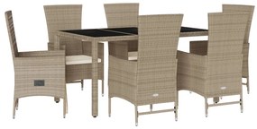 Set da pranzo da giardino 7 pz con cuscini beige in polyrattan