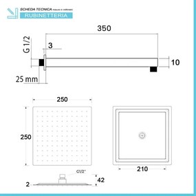 Set doccia con braccio 35 cm e soffione 25x25 cm in inox nero opaco