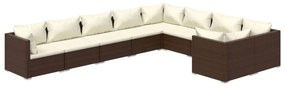 Set divani da giardino 9 pz con cuscini in polyrattan marrone